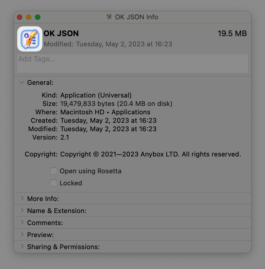 OK JSON info panel on macOS