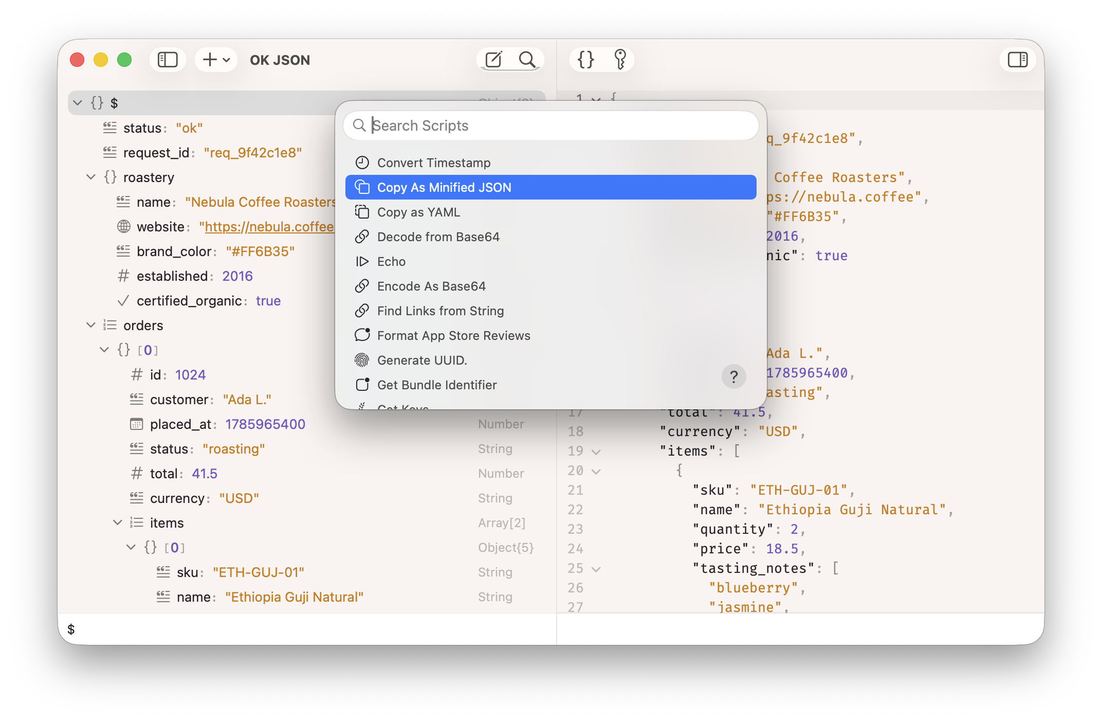 Screenshot of Search Scripts window of OK JSON